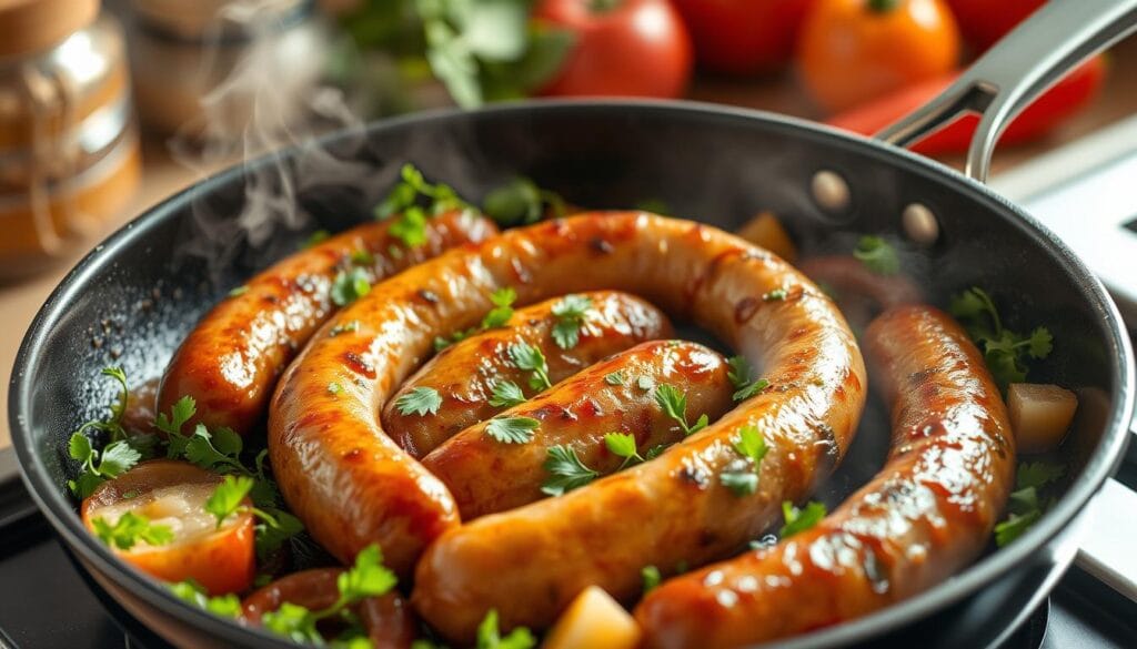 cooking sausage in pan cooking sausage in pan